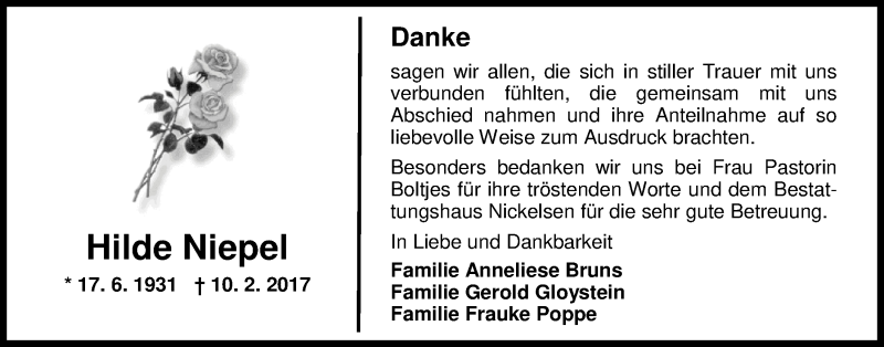  Traueranzeige für Hilde Niepel vom 29.03.2017 aus Nordwest-Zeitung
