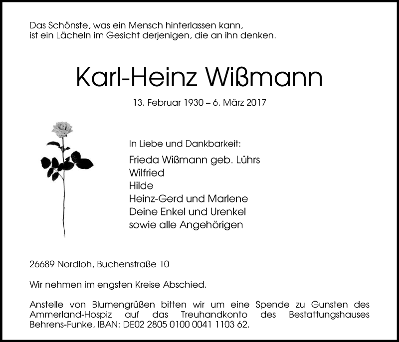  Traueranzeige für Karl-Heinz Wißmann vom 09.03.2017 aus Nordwest-Zeitung