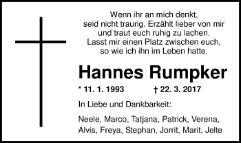 Traueranzeige von Hannes Rumpker von Nordwest-Zeitung