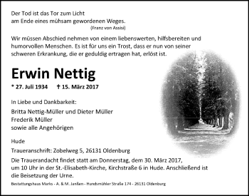 Traueranzeige von Erwin Nettig von Nordwest-Zeitung
