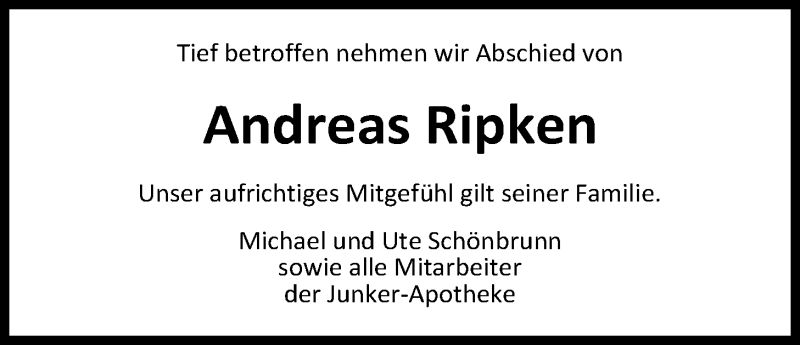  Traueranzeige für Andreas Ripken vom 03.03.2017 aus Nordwest-Zeitung