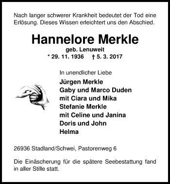 Traueranzeige von Hannelore Merkle von Nordwest-Zeitung