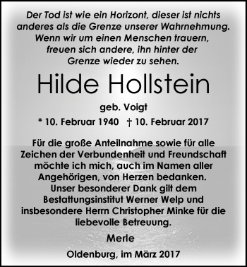 Traueranzeige von Hilde Hollstein von Nordwest-Zeitung