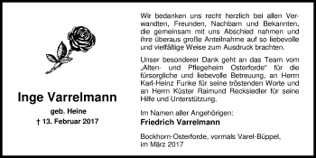 Traueranzeige von Inge Varrelmann von Nordwest-Zeitung