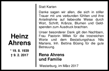 Traueranzeige von Heinz Ahrens von Nordwest-Zeitung