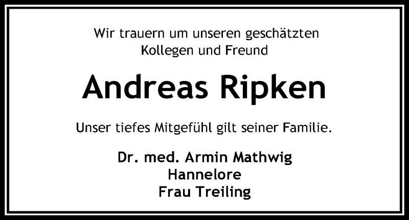  Traueranzeige für Andreas Ripken vom 01.03.2017 aus Nordwest-Zeitung