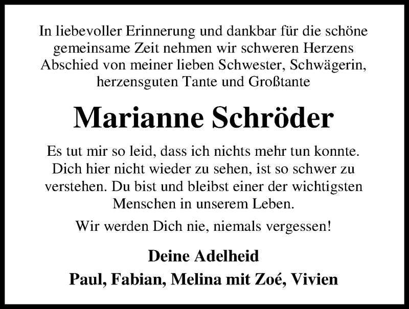  Traueranzeige für Marianne Schröder vom 10.03.2017 aus Nordwest-Zeitung
