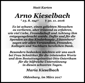 Traueranzeige von Arno Kieselbach von Nordwest-Zeitung