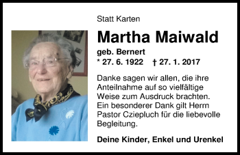 Traueranzeige von Martha Maiwald von Nordwest-Zeitung