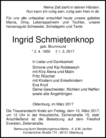 Traueranzeige von Ingrid Schmietenknop von Nordwest-Zeitung