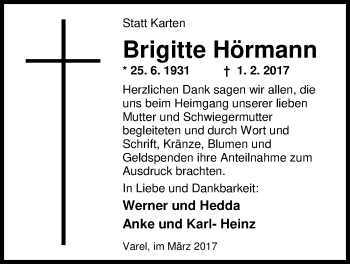 Traueranzeige von Brigitte Hörmann von Nordwest-Zeitung