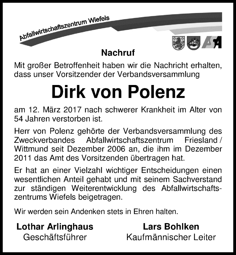  Traueranzeige für Dirk von Polenz vom 16.03.2017 aus Nordwest-Zeitung