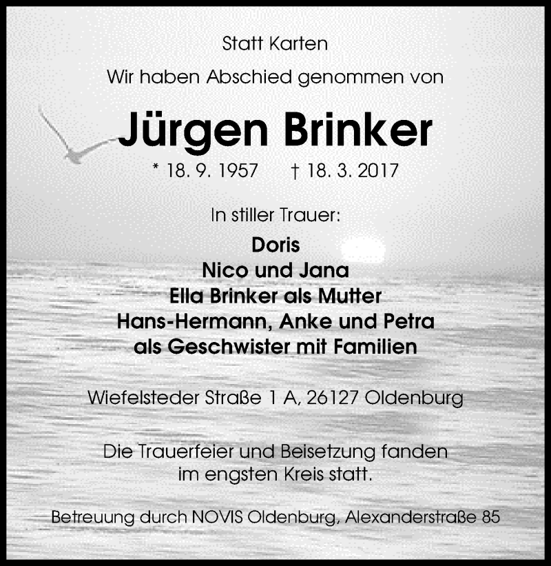  Traueranzeige für Jürgen Brinker vom 30.03.2017 aus Nordwest-Zeitung