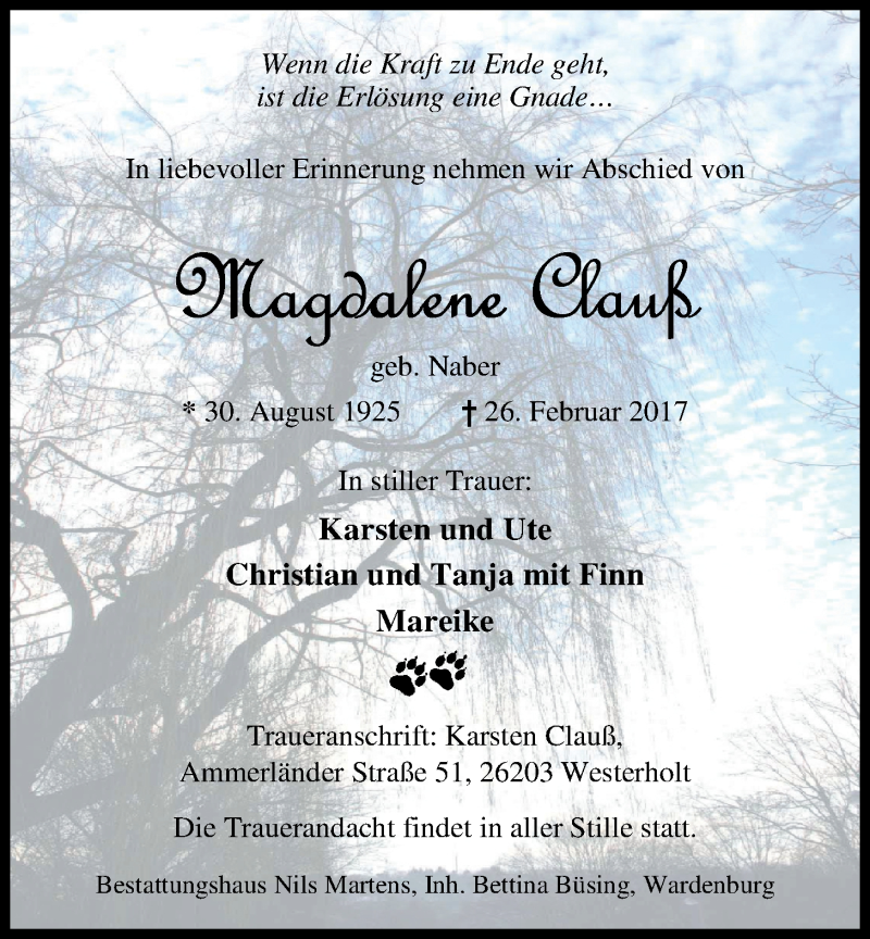  Traueranzeige für Magdalene Clauß vom 06.03.2017 aus Nordwest-Zeitung