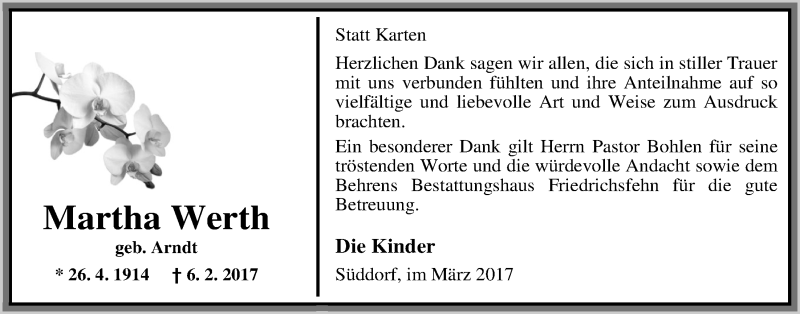  Traueranzeige für Martha Werth vom 24.03.2017 aus Nordwest-Zeitung