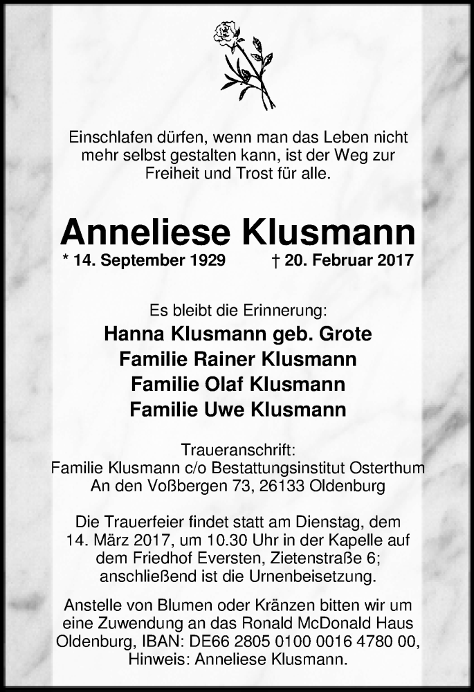  Traueranzeige für Anneliese Klusmann vom 08.03.2017 aus Nordwest-Zeitung