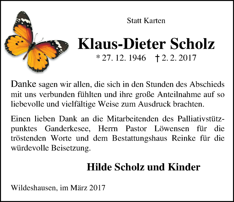  Traueranzeige für Klaus-Dieter Scholz vom 11.03.2017 aus Nordwest-Zeitung