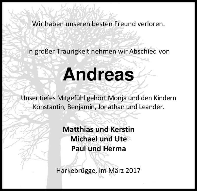  Traueranzeige für Andreas Ripken vom 02.03.2017 aus Nordwest-Zeitung