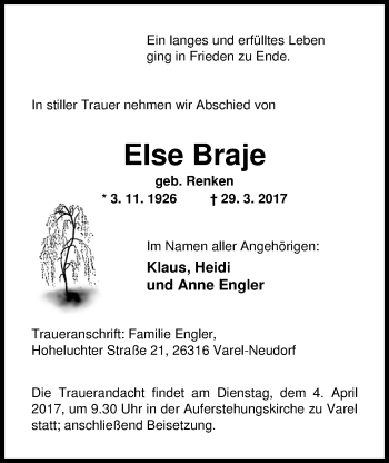 Traueranzeige von Else Braje von Nordwest-Zeitung