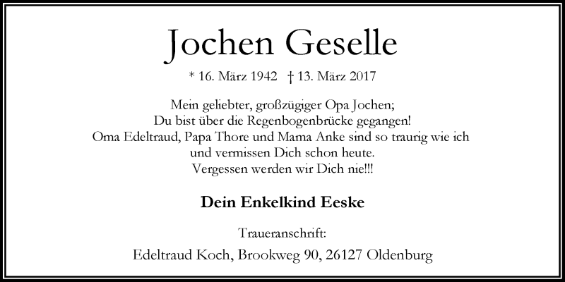  Traueranzeige für Jochen Geselle vom 23.03.2017 aus Nordwest-Zeitung