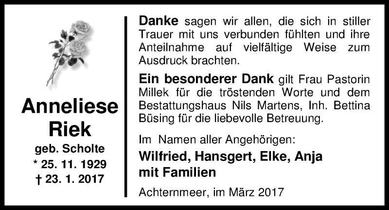  Traueranzeige für Anneliese Riek vom 11.03.2017 aus Nordwest-Zeitung