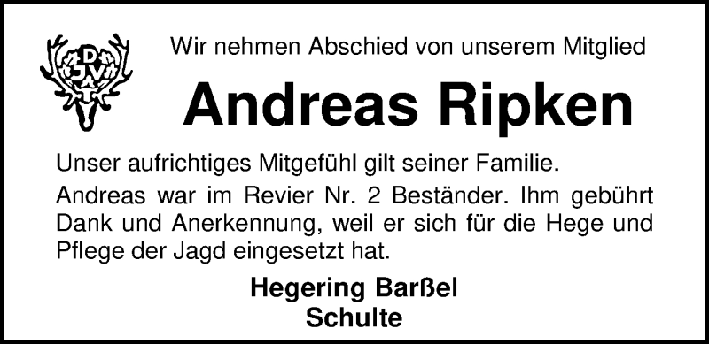  Traueranzeige für Andreas Ripken vom 02.03.2017 aus Nordwest-Zeitung