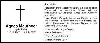 Traueranzeige von Agnes Meuthner von Nordwest-Zeitung