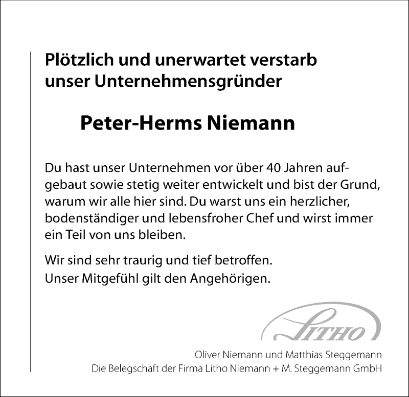  Traueranzeige für Peter-Herms Niemann vom 22.03.2017 aus Nordwest-Zeitung