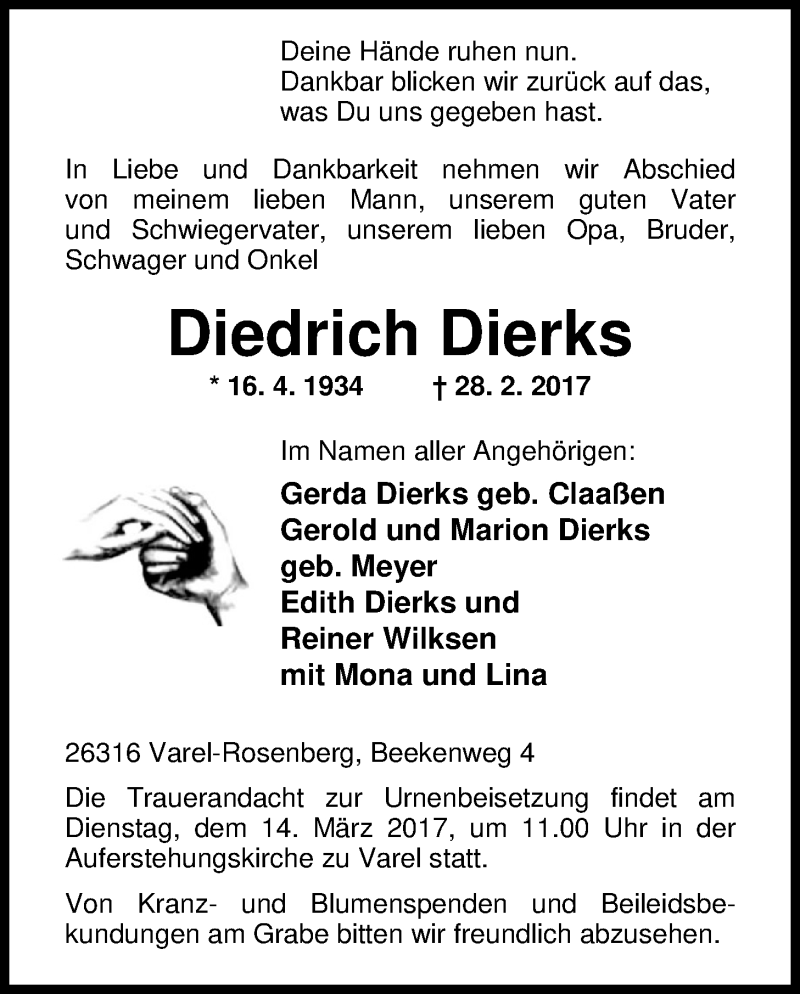  Traueranzeige für Diedrich Dierks vom 07.03.2017 aus Nordwest-Zeitung