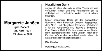 Traueranzeige von Margarete Janßen von Nordwest-Zeitung