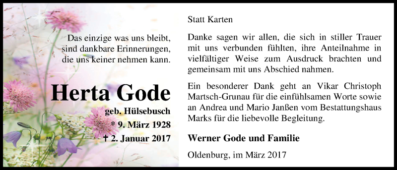  Traueranzeige für Herta Gode vom 04.03.2017 aus Nordwest-Zeitung