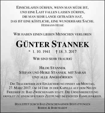 Traueranzeige von Günter Stannek von Nordwest-Zeitung