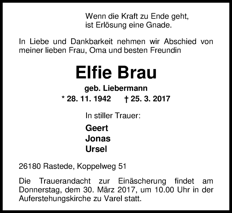  Traueranzeige für Elfie Brau vom 28.03.2017 aus Nordwest-Zeitung