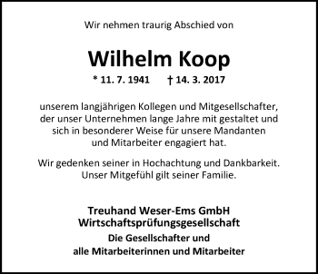 Traueranzeige von Wilhelm Koop von Nordwest-Zeitung