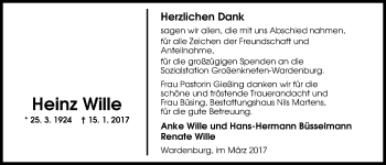 Traueranzeige von Heinz Wille von Nordwest-Zeitung