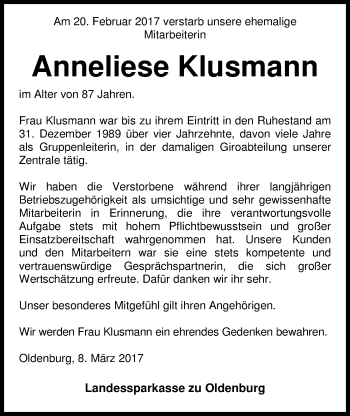 Traueranzeige von Anneliese Klusmann von Nordwest-Zeitung