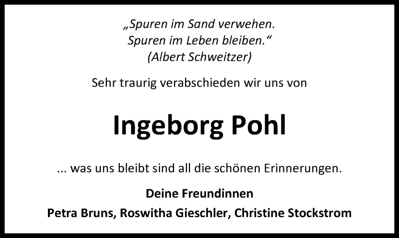  Traueranzeige für Ingeborg Pohl vom 08.03.2017 aus Nordwest-Zeitung