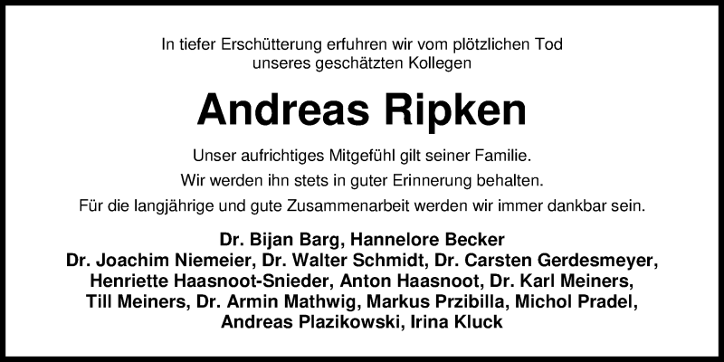  Traueranzeige für Andreas Ripken vom 02.03.2017 aus Nordwest-Zeitung