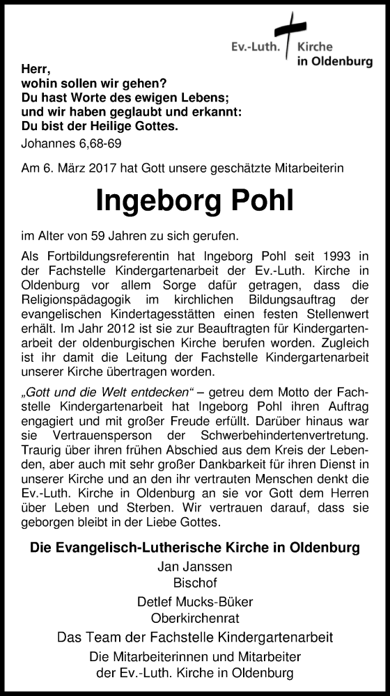  Traueranzeige für Ingeborg Pohl vom 09.03.2017 aus Nordwest-Zeitung
