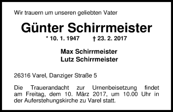 Traueranzeige von Günter Schirrmeister von Nordwest-Zeitung