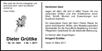 Traueranzeige von Dieter Grüttke von Nordwest-Zeitung