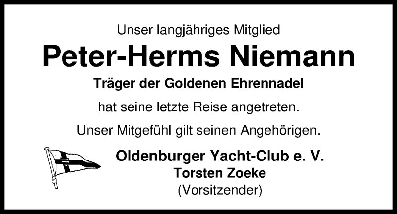  Traueranzeige für Peter-Herms Niemann vom 23.03.2017 aus Nordwest-Zeitung