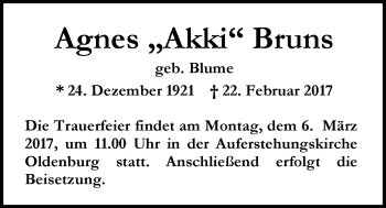 Traueranzeige von Agnes  Bruns von Nordwest-Zeitung