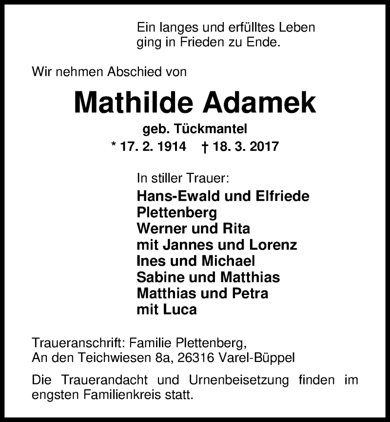  Traueranzeige für Mathilde Adamek vom 24.03.2017 aus Nordwest-Zeitung