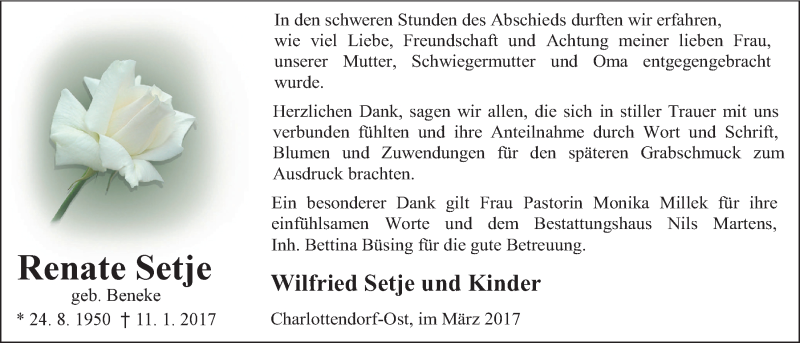  Traueranzeige für Renate Setje vom 07.03.2017 aus Nordwest-Zeitung