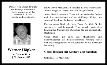 Traueranzeige von Werner Höpken von Nordwest-Zeitung