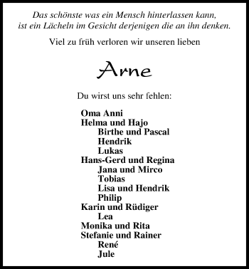 Traueranzeige von Arne Hobbie von Nordwest-Zeitung