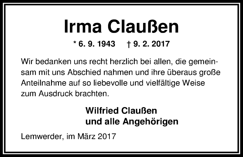  Traueranzeige für Irma Claußen vom 11.03.2017 aus Nordwest-Zeitung