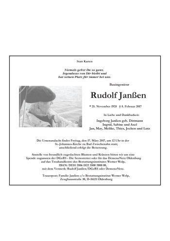 Traueranzeige von Rudolf Janßen von Nordwest-Zeitung