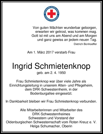 Traueranzeige von Ingrid Schmietenknop von Nordwest-Zeitung